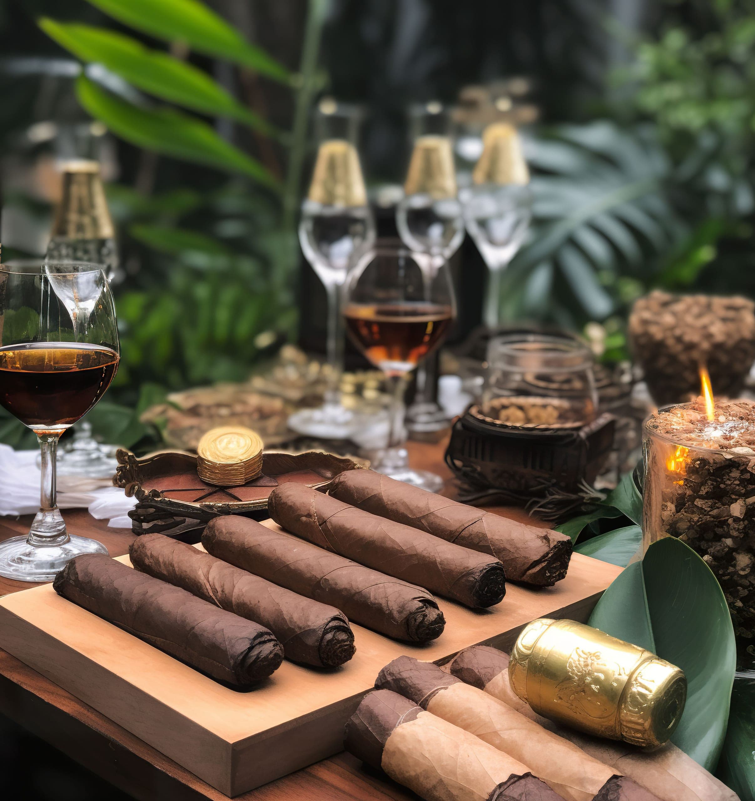 An elegant lounge setting with wine, candlelight, and hand-selected cigars
